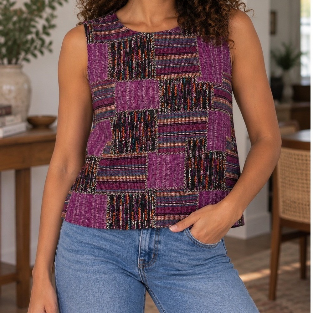 N Touch Patchwork Print Sleeveless Top Boho Retro Geometric Retro Artsy Women XL